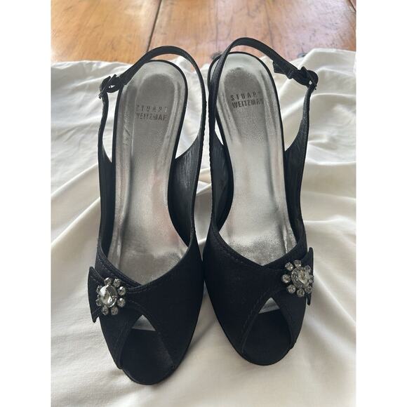 Stuart Weitzman Big Apple Sling Back Heels-Black Satin With Box 8.5. Retail $298 - Picture 1 of 6